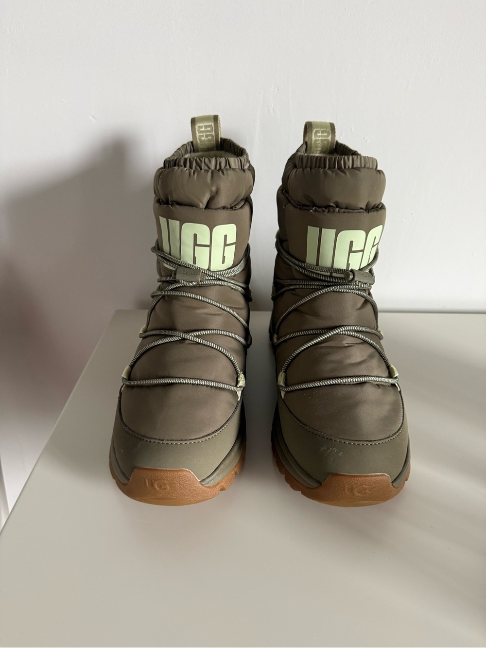 UGG Women’s Yose Olive Green Puffer MID Boots with Tan Sole - Picture 2 of 5